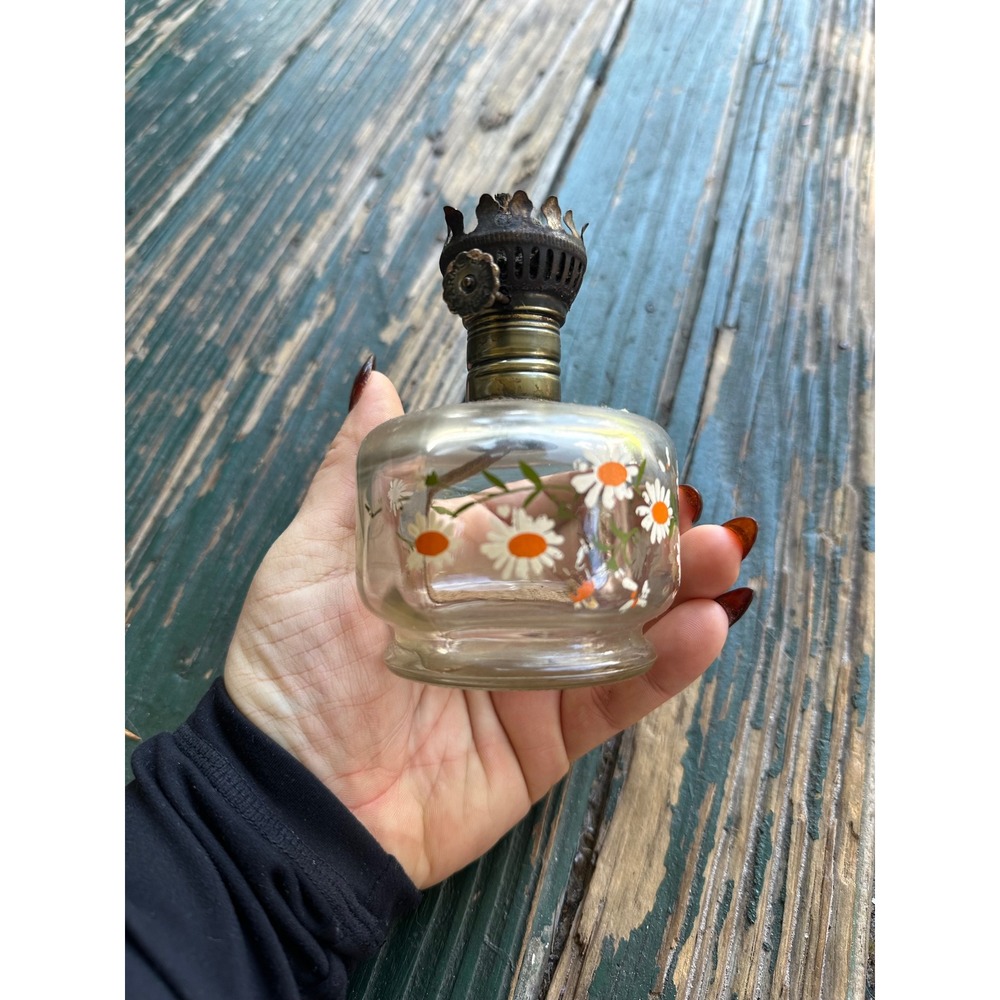 Vintage Miniature Glass Oil Lamp Base Hand Painted White Daisy Floral 4 Inch